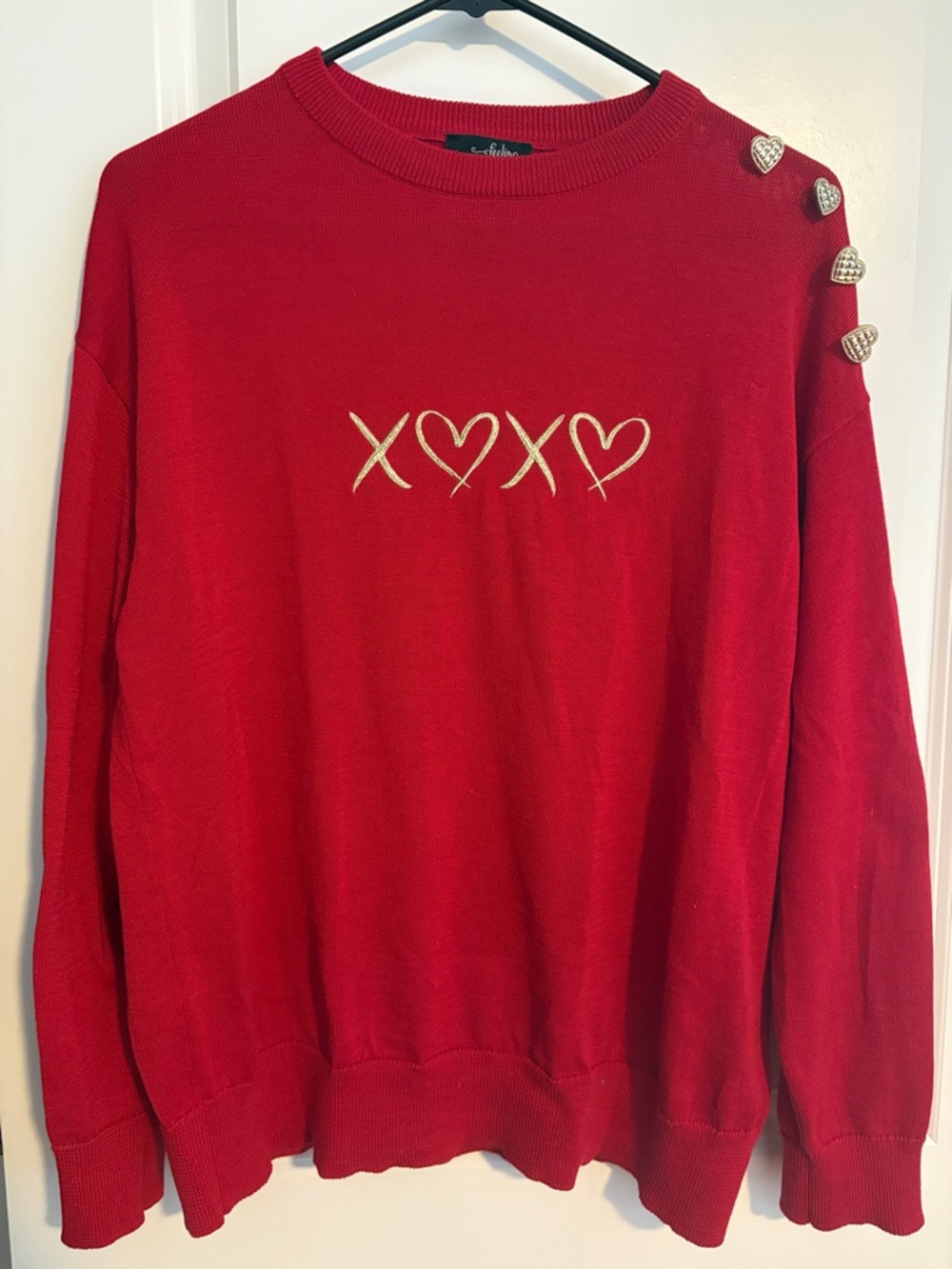 Red Crewneck Sweater with Gold Heart Buttons - Unbranded